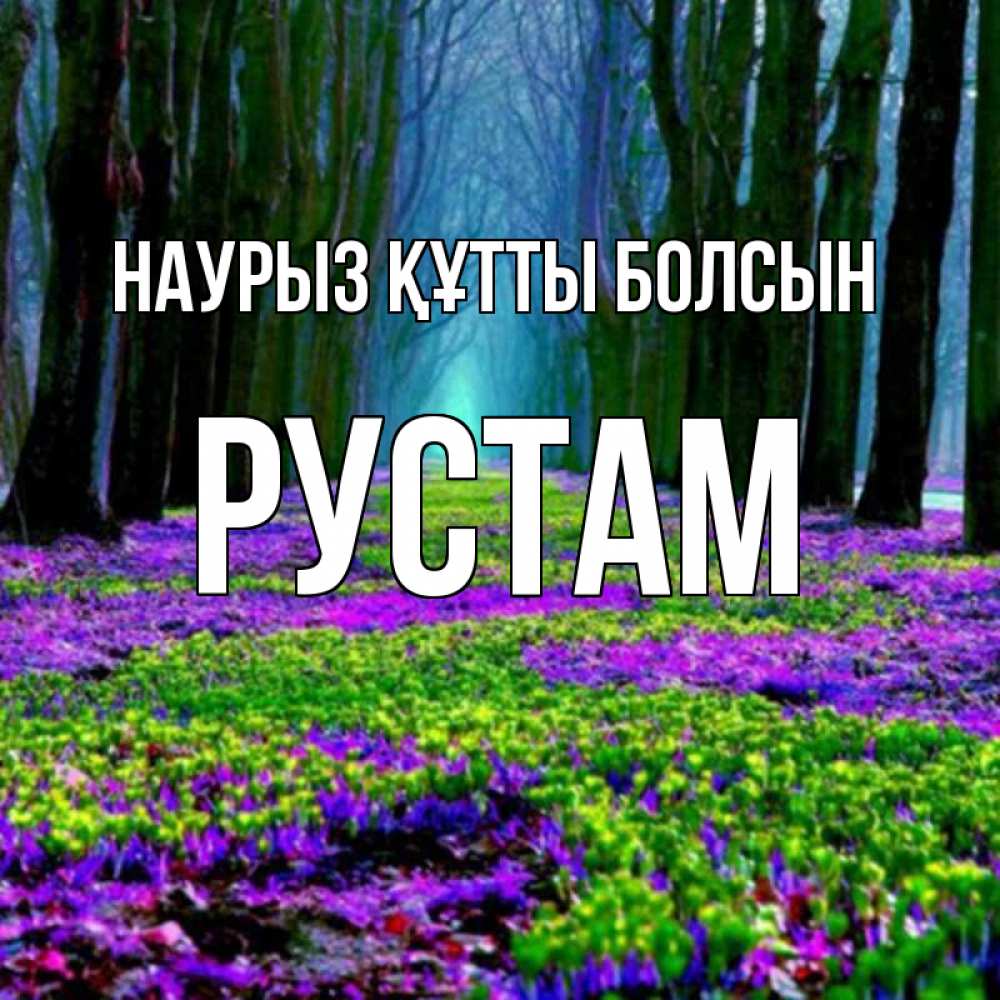 Открытка на каждый день с именем, Рустам Наурыз құтты болсын фиолетовые цветы в лесу 1 Прикольная открытка с пожеланием онлайн скачать бесплатно 