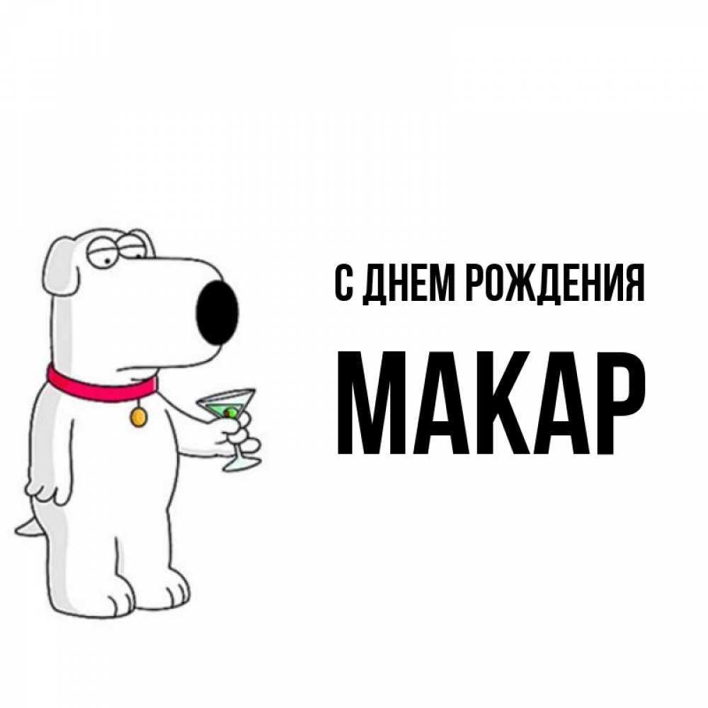 Открытка на каждый день с именем, Макар С днем рождения песик с оливками Прикольная открытка с пожеланием онлайн скачать бесплатно 