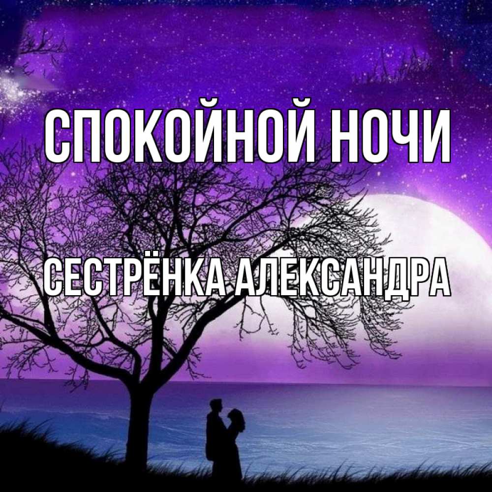 Открытка на каждый день с именем, Сестрёнка-Александра Спокойной ночи огромная луна и парочка Прикольная открытка с пожеланием онлайн скачать бесплатно 