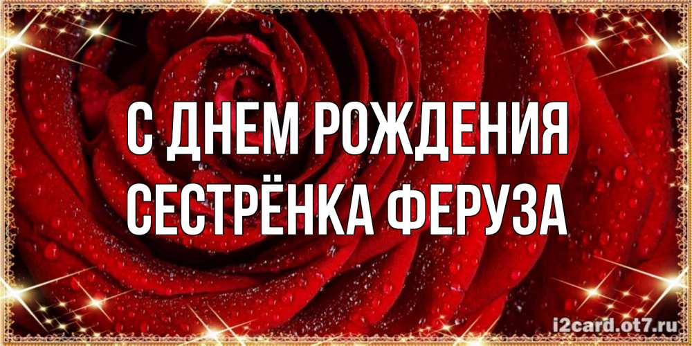 Открытка на каждый день с именем, Сестрёнка-Феруза С днем рождения роса на розе блестящая в лучах солнца Прикольная открытка с пожеланием онлайн скачать бесплатно 