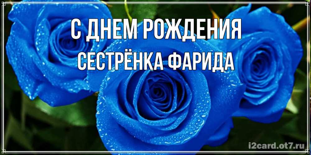 Открытка на каждый день с именем, Сестрёнка-Фарида С днем рождения розы с синим цветом Прикольная открытка с пожеланием онлайн скачать бесплатно 