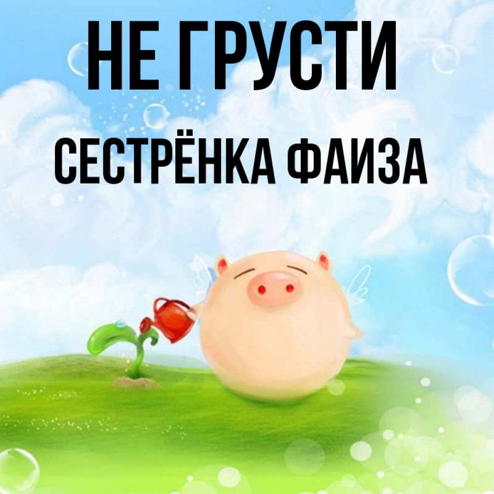 Открытка на каждый день с именем, Сестрёнка-Фаиза Не грусти поливает цветок порося Прикольная открытка с пожеланием онлайн скачать бесплатно 