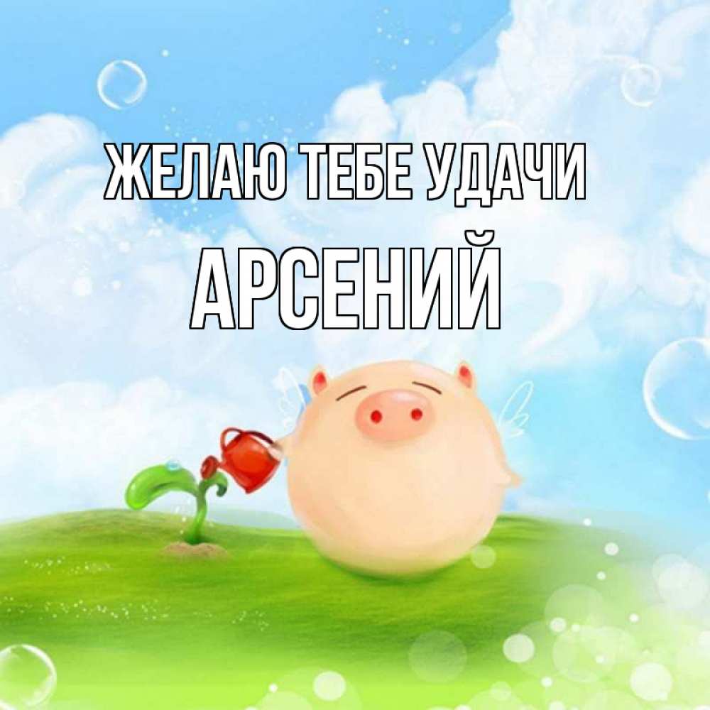 Открытка на каждый день с именем, Арсений Желаю тебе удачи поросенок поливает цветок. летнее настроение Прикольная открытка с пожеланием онлайн скачать бесплатно 