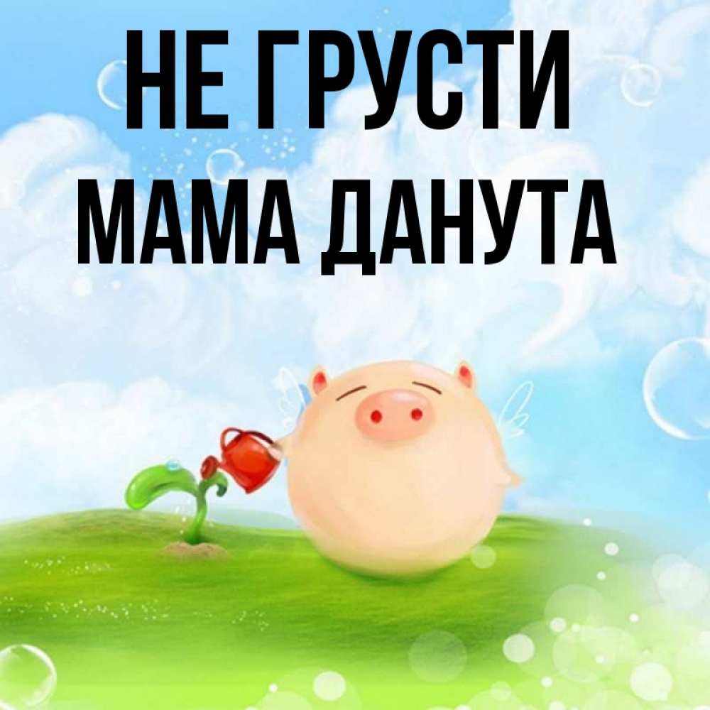 Открытка на каждый день с именем, Мама-Данута Не грусти поливает цветок порося Прикольная открытка с пожеланием онлайн скачать бесплатно 