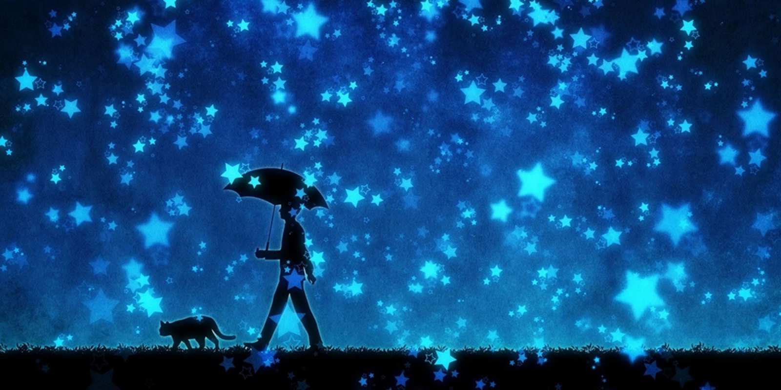 Открытка прогулка под зонтом  ночные прогулки с котом под звездами Спокойной ночи 