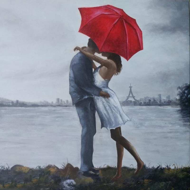 Открытка поцелуй  под красным зонтом  Я тебя люблю 