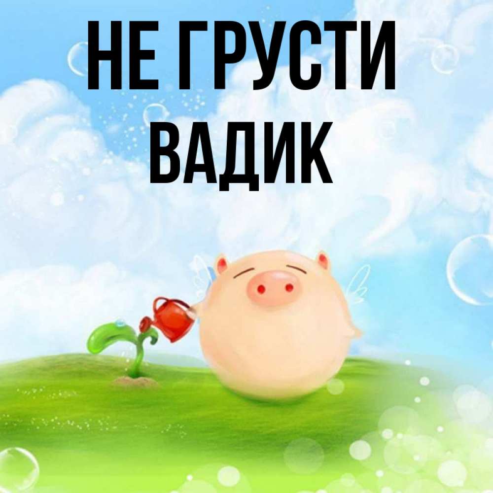 Открытка на каждый день с именем, Вадик Не грусти поливает цветок порося Прикольная открытка с пожеланием онлайн скачать бесплатно 
