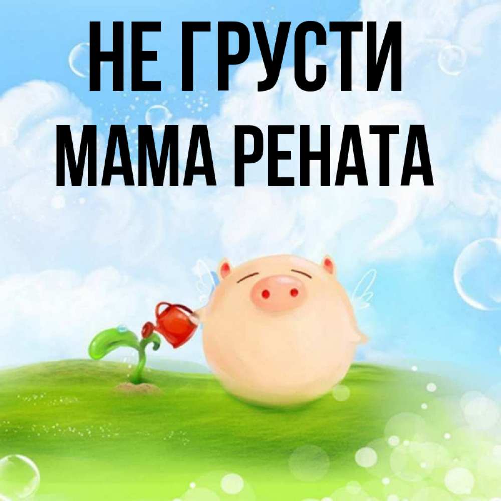 Открытка на каждый день с именем, Мама-Рената Не грусти поливает цветок порося Прикольная открытка с пожеланием онлайн скачать бесплатно 