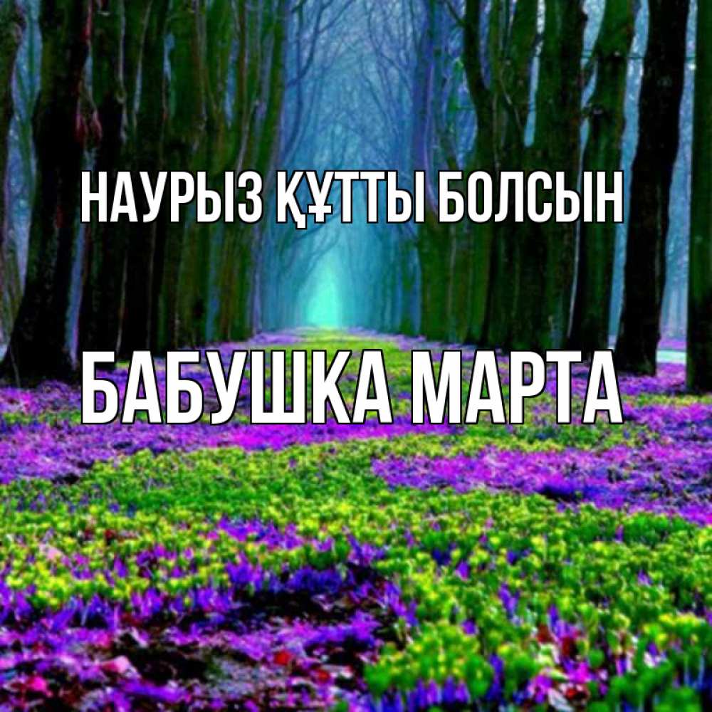 Открытка на каждый день с именем, Бабушка-Марта Наурыз құтты болсын фиолетовые цветы в лесу 1 Прикольная открытка с пожеланием онлайн скачать бесплатно 