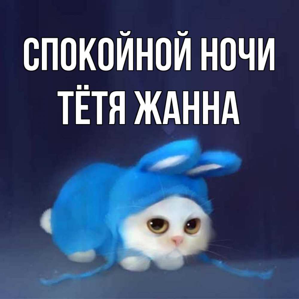 Открытка на каждый день с именем, Тётя-Жанна Спокойной ночи кот в голубом костюме кролика с ушками Прикольная открытка с пожеланием онлайн скачать бесплатно 