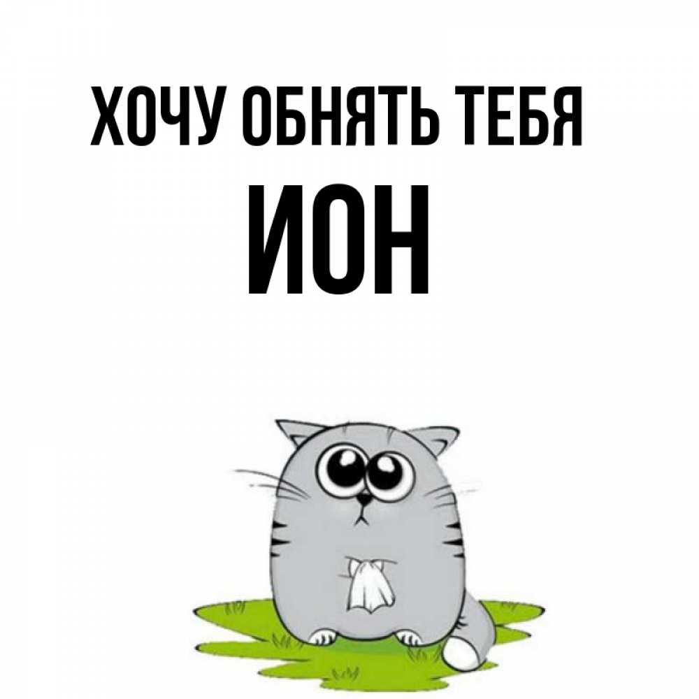 Открытка на каждый день с именем, Ион Хочу обнять тебя котик теребит платочек сидя на травке Прикольная открытка с пожеланием онлайн скачать бесплатно 
