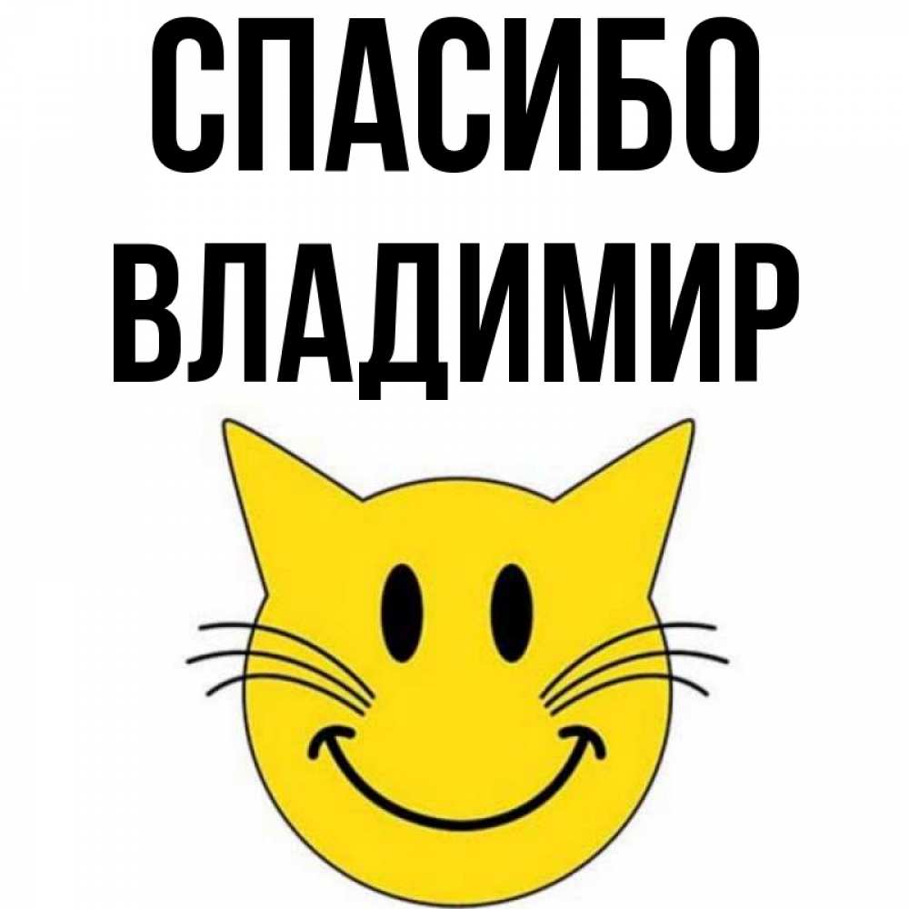 Открытка на каждый день с именем, Владимир Спасибо улыбающийся смайл кот Прикольная открытка с пожеланием онлайн скачать бесплатно 