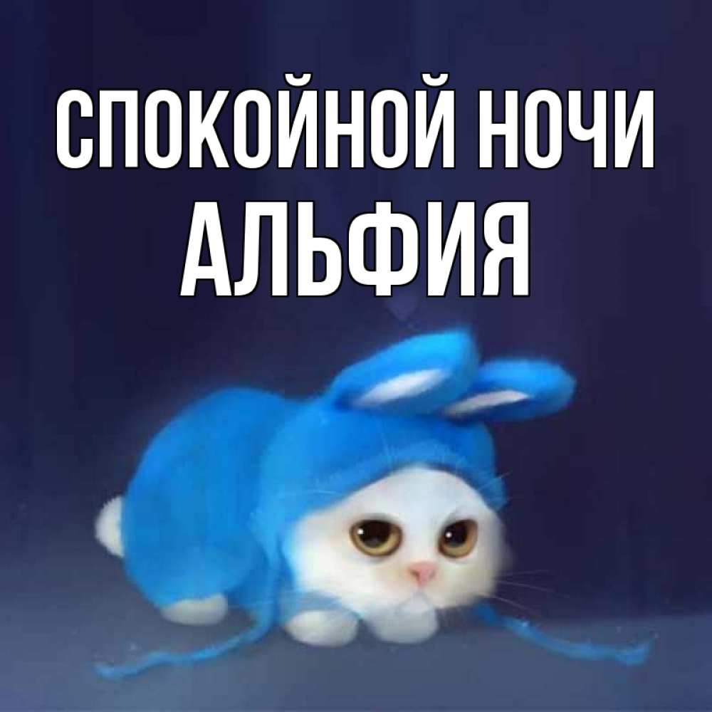 Открытка на каждый день с именем, Альфия Спокойной ночи кот в голубом костюме кролика с ушками Прикольная открытка с пожеланием онлайн скачать бесплатно 