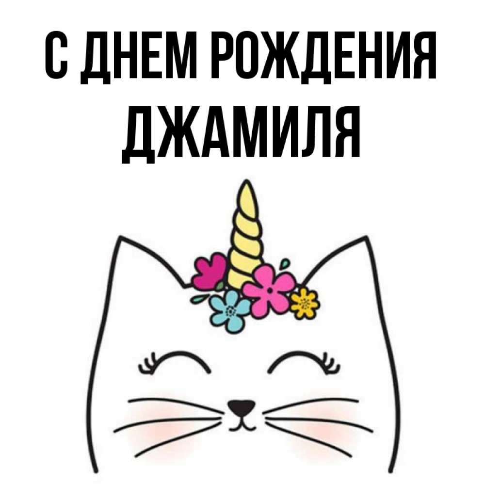 Открытка на каждый день с именем, Джамиля С днем рождения милый кот с одним рожком Прикольная открытка с пожеланием онлайн скачать бесплатно 