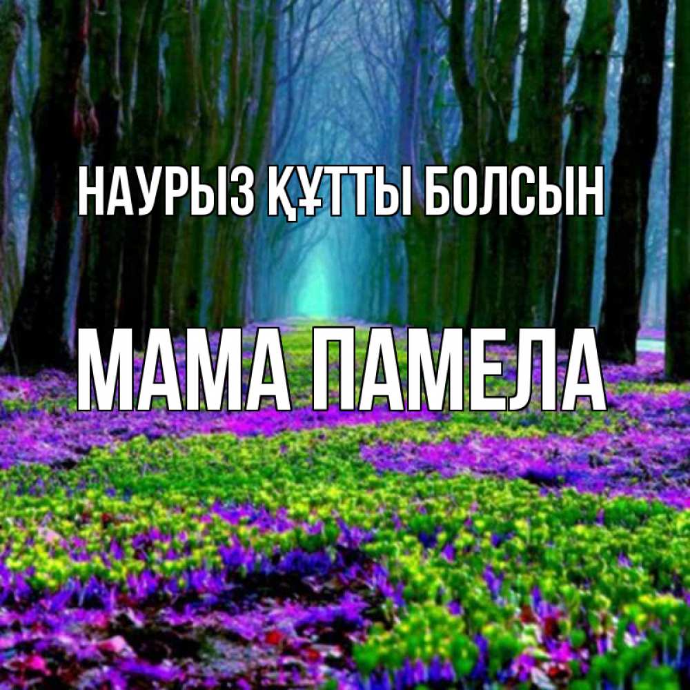 Открытка на каждый день с именем, Мама-Памела Наурыз құтты болсын фиолетовые цветы в лесу 1 Прикольная открытка с пожеланием онлайн скачать бесплатно 