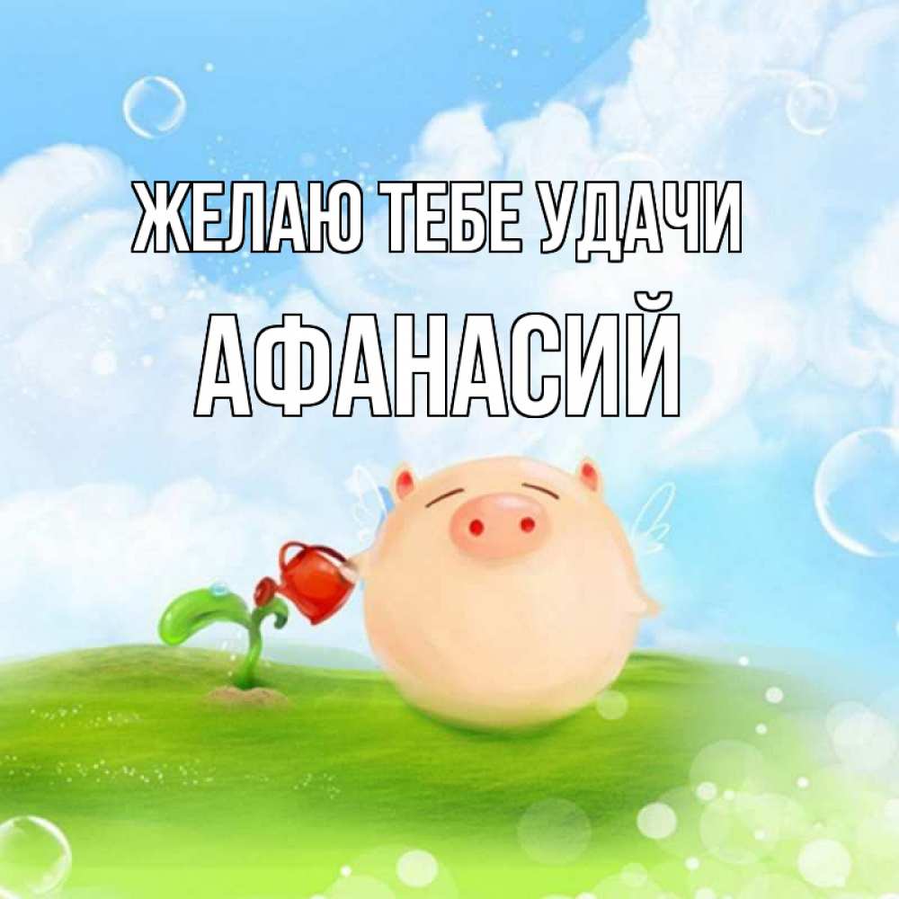 Открытка на каждый день с именем, Афанасий Желаю тебе удачи поросенок поливает цветок. летнее настроение Прикольная открытка с пожеланием онлайн скачать бесплатно 