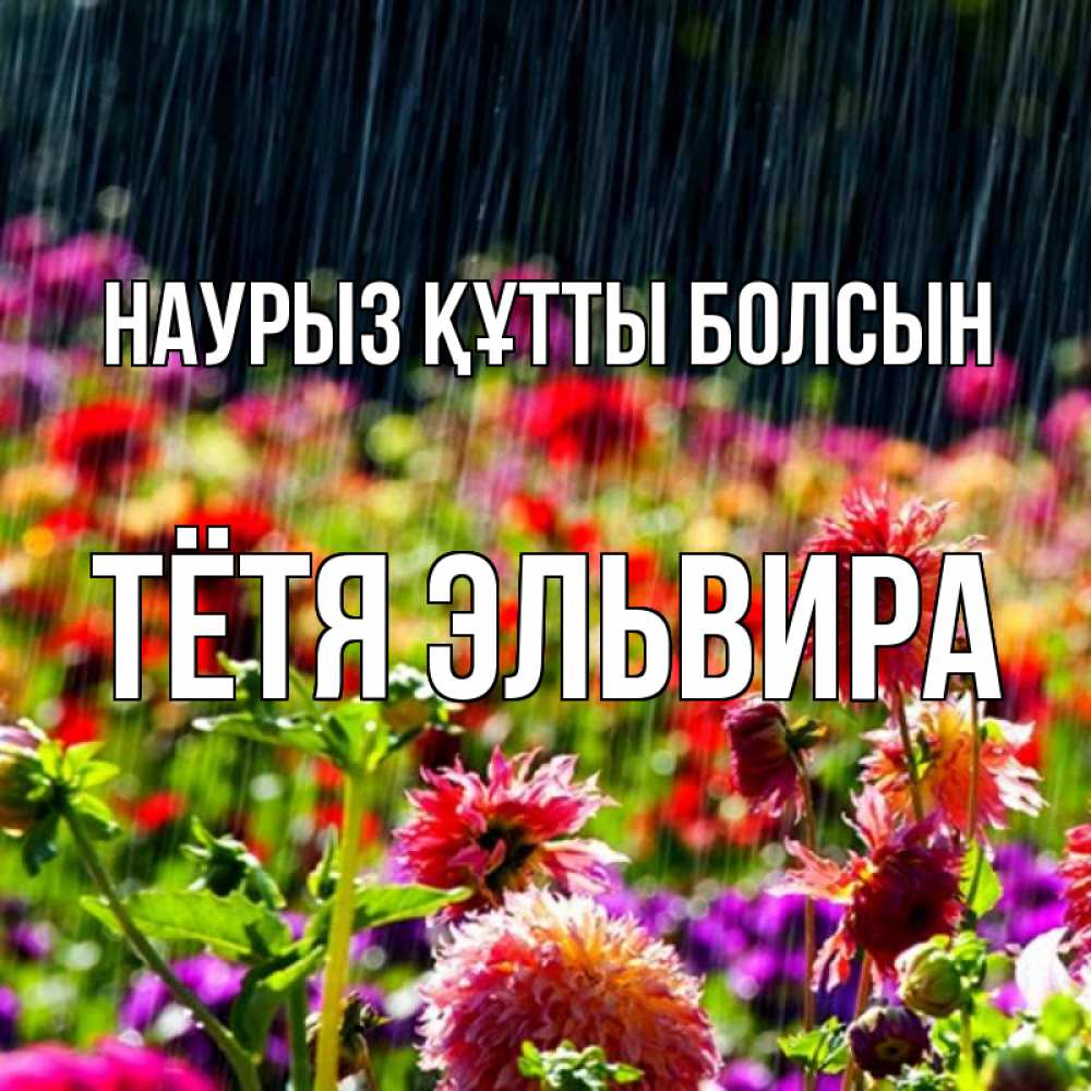 Открытка на каждый день с именем, Тётя-Эльвира Наурыз құтты болсын цветы под дождиком к наурызу Прикольная открытка с пожеланием онлайн скачать бесплатно 