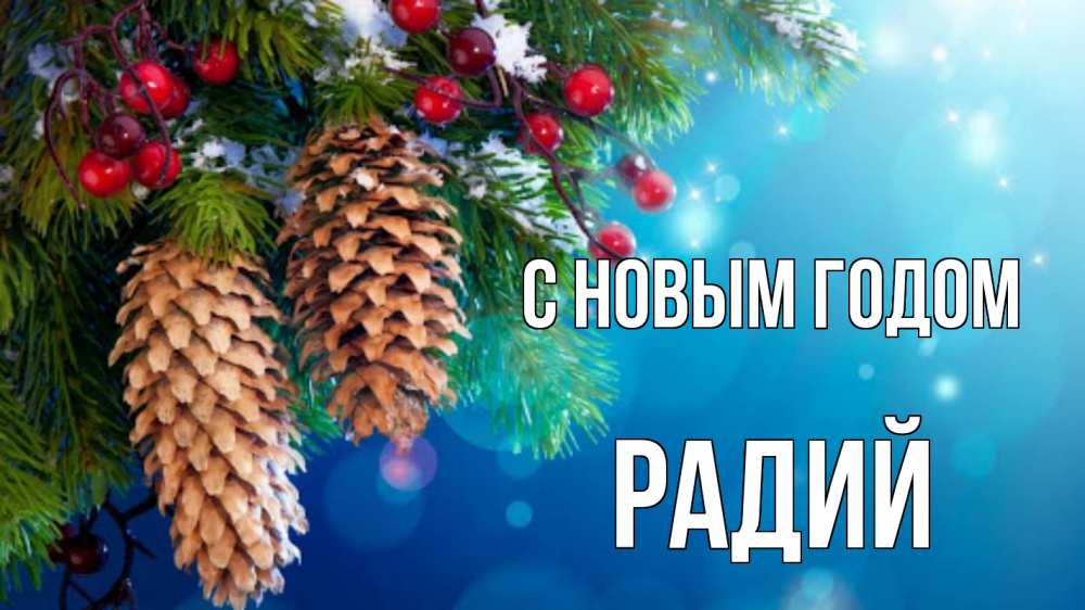 Открытка на каждый день с именем, Радий С новым годом Новый год, ель, шишки Прикольная открытка с пожеланием онлайн скачать бесплатно 