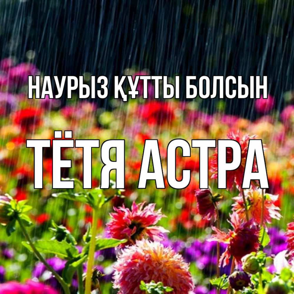 Открытка на каждый день с именем, Тётя-Астра Наурыз құтты болсын цветы под дождиком к наурызу Прикольная открытка с пожеланием онлайн скачать бесплатно 