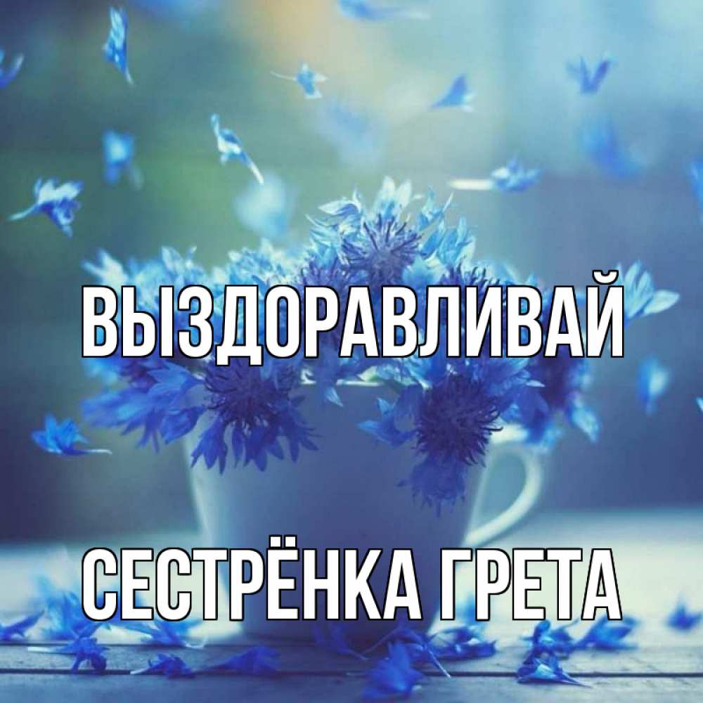 Открытка на каждый день с именем, Сестрёнка-Грета Выздоравливай кружка с зельем и цветами Прикольная открытка с пожеланием онлайн скачать бесплатно 