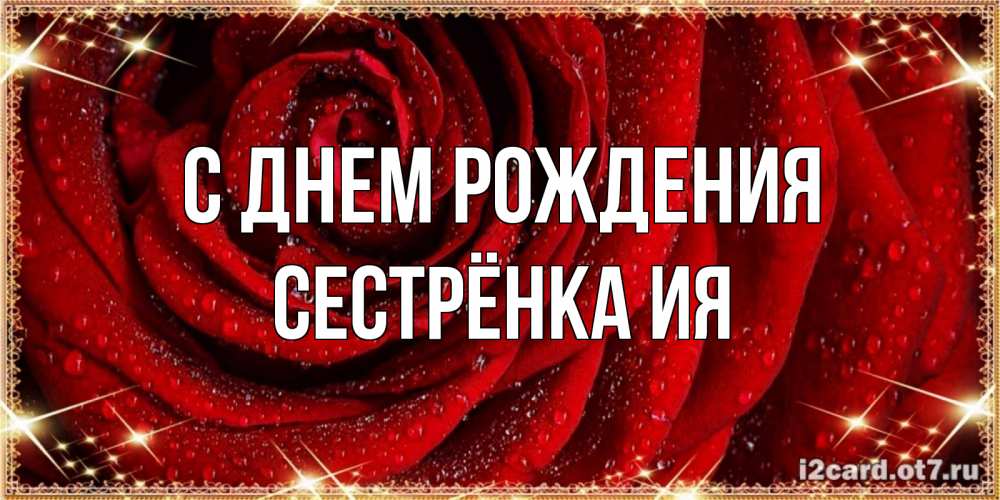 Открытка на каждый день с именем, Сестрёнка-Ия С днем рождения роса на розе блестящая в лучах солнца Прикольная открытка с пожеланием онлайн скачать бесплатно 