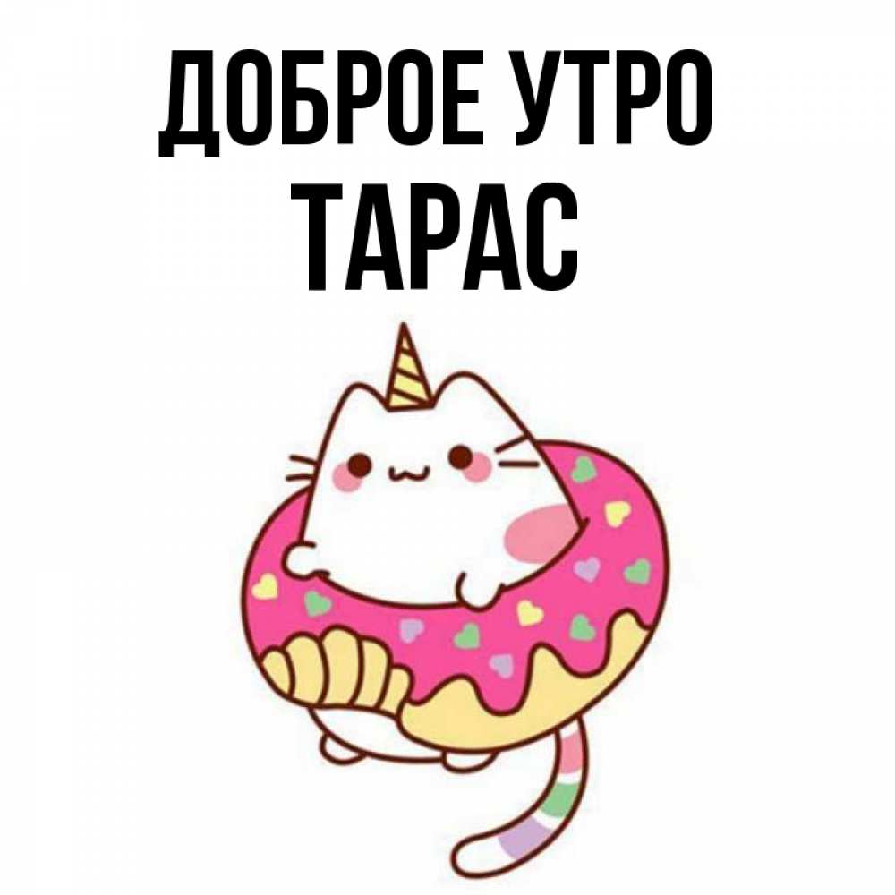 Открытка на каждый день с именем, Тарас Доброе утро кот в бублике Прикольная открытка с пожеланием онлайн скачать бесплатно 