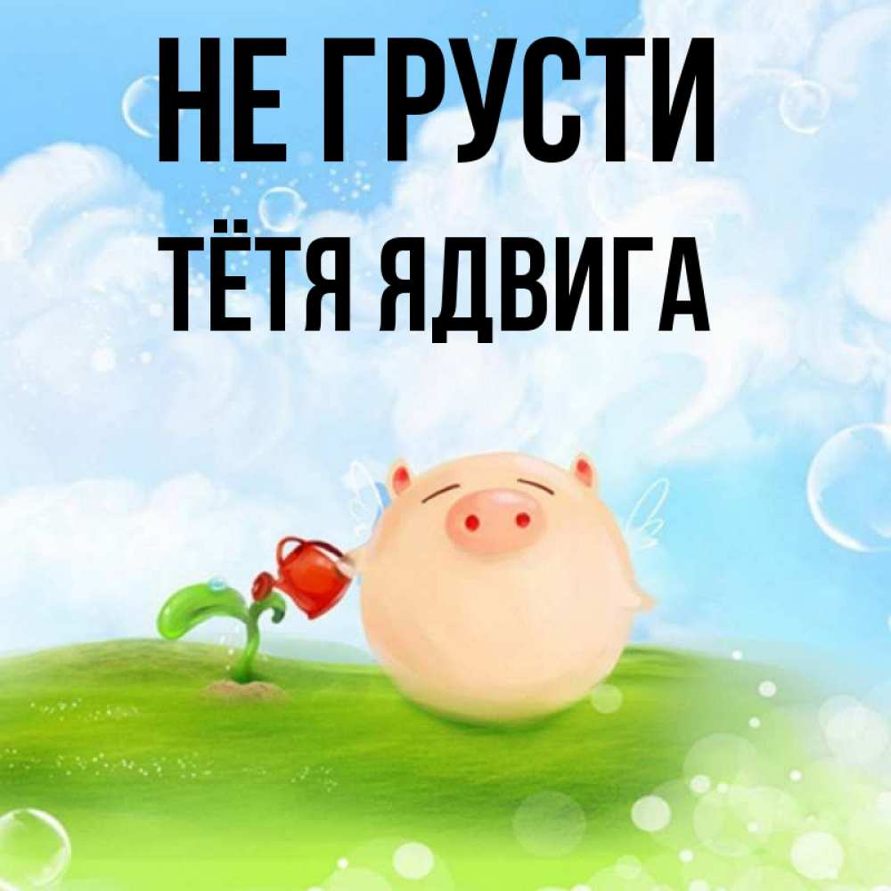 Открытка на каждый день с именем, Тётя-Ядвига Не грусти поливает цветок порося Прикольная открытка с пожеланием онлайн скачать бесплатно 