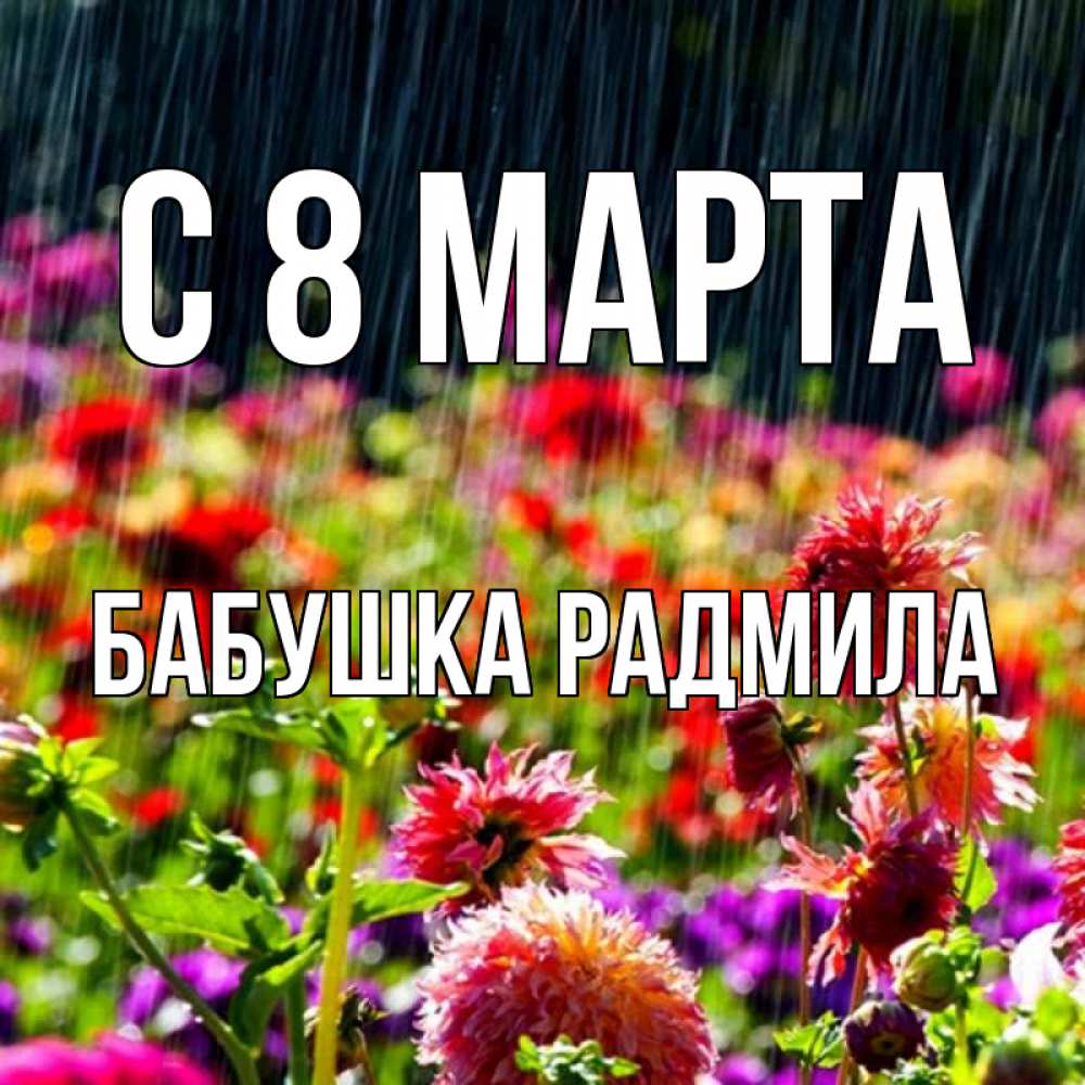 Открытка на каждый день с именем, Бабушка-Радмила С 8 МАРТА цветы под дождиком к международному женскому дню Прикольная открытка с пожеланием онлайн скачать бесплатно 