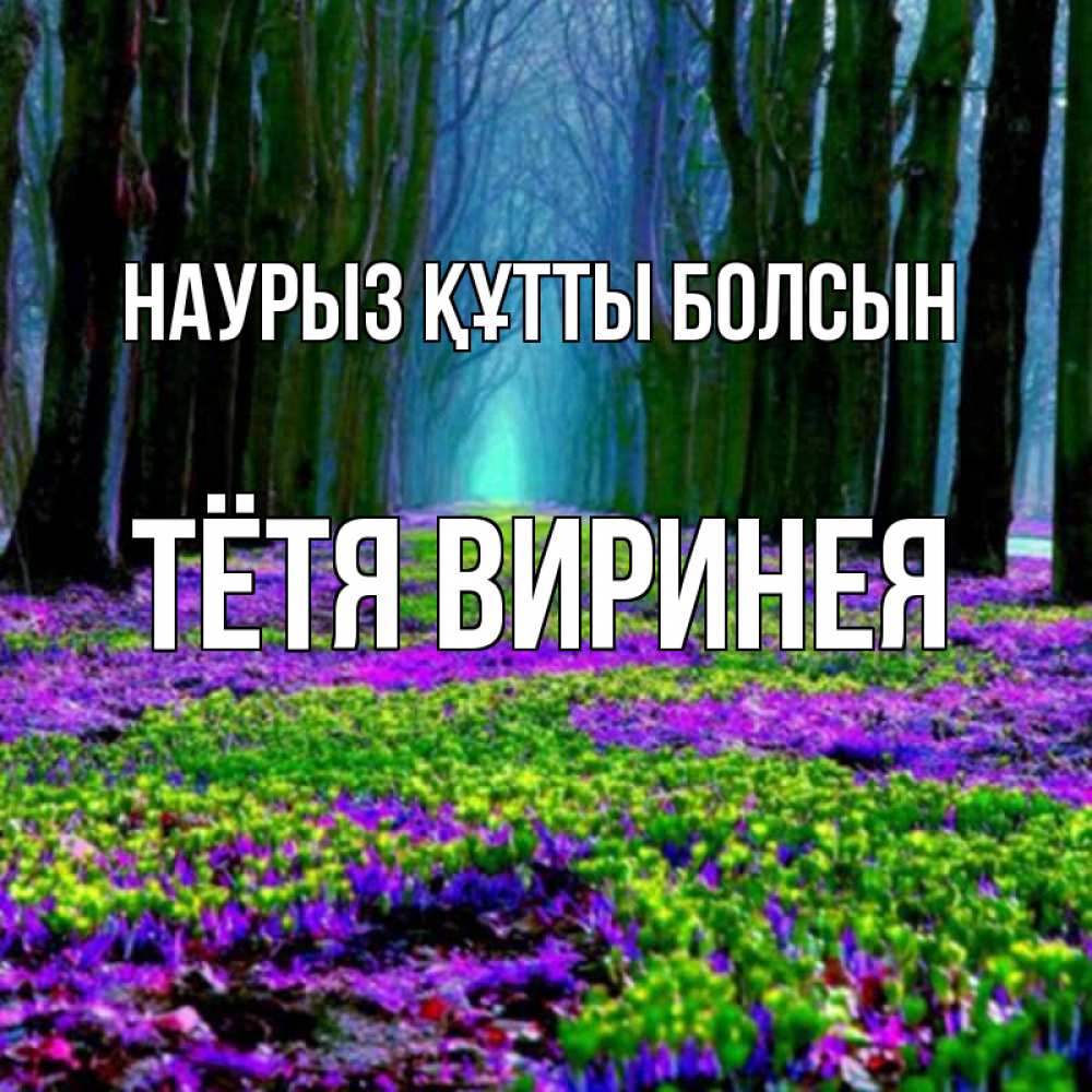 Открытка на каждый день с именем, Тётя-Виринея Наурыз құтты болсын фиолетовые цветы в лесу 1 Прикольная открытка с пожеланием онлайн скачать бесплатно 