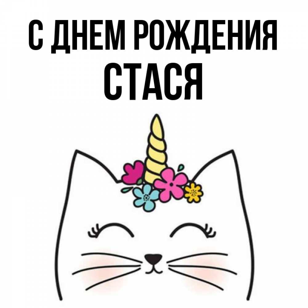 Открытка на каждый день с именем, Стася С днем рождения милый кот с одним рожком Прикольная открытка с пожеланием онлайн скачать бесплатно 