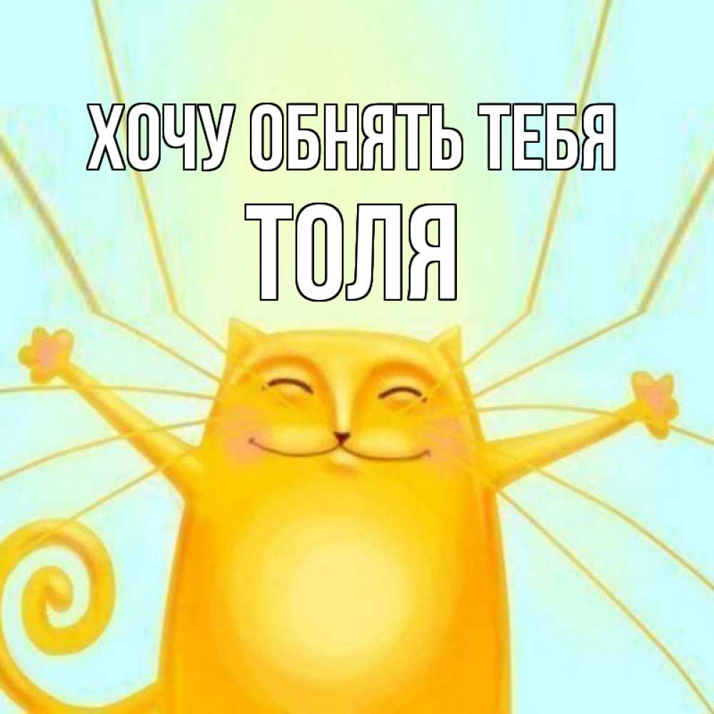Открытка на каждый день с именем, Толя Хочу обнять тебя солнечный обнимашечный кот Прикольная открытка с пожеланием онлайн скачать бесплатно 
