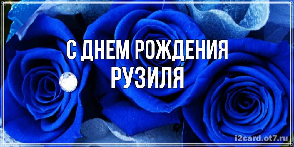 Открытка на каждый день с именем, Рузиля С днем рождения синие розы в росе Прикольная открытка с пожеланием онлайн скачать бесплатно 