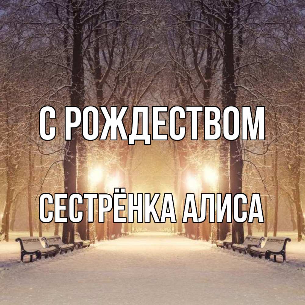 Открытка на каждый день с именем, Сестрёнка-Алиса С рождеством зима, парк, фонарь, лес Прикольная открытка с пожеланием онлайн скачать бесплатно 