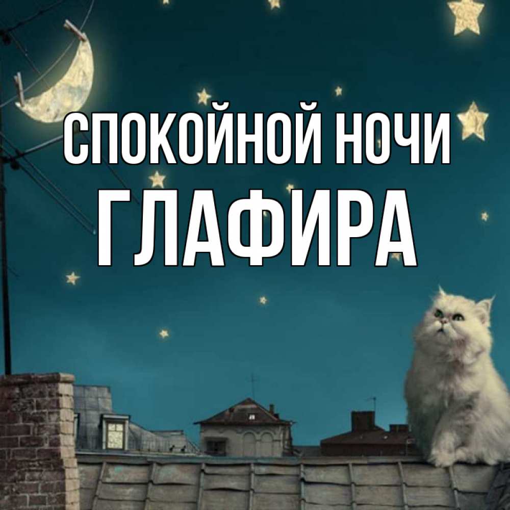 Открытка на каждый день с именем, Глафира Спокойной ночи белый кот сидит на крыше Прикольная открытка с пожеланием онлайн скачать бесплатно 