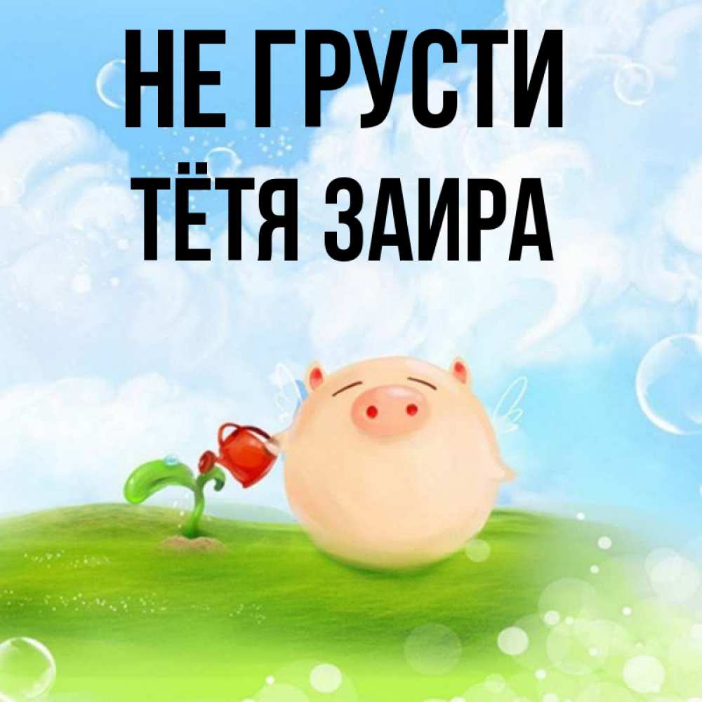 Открытка на каждый день с именем, Тётя-Заира Не грусти поливает цветок порося Прикольная открытка с пожеланием онлайн скачать бесплатно 
