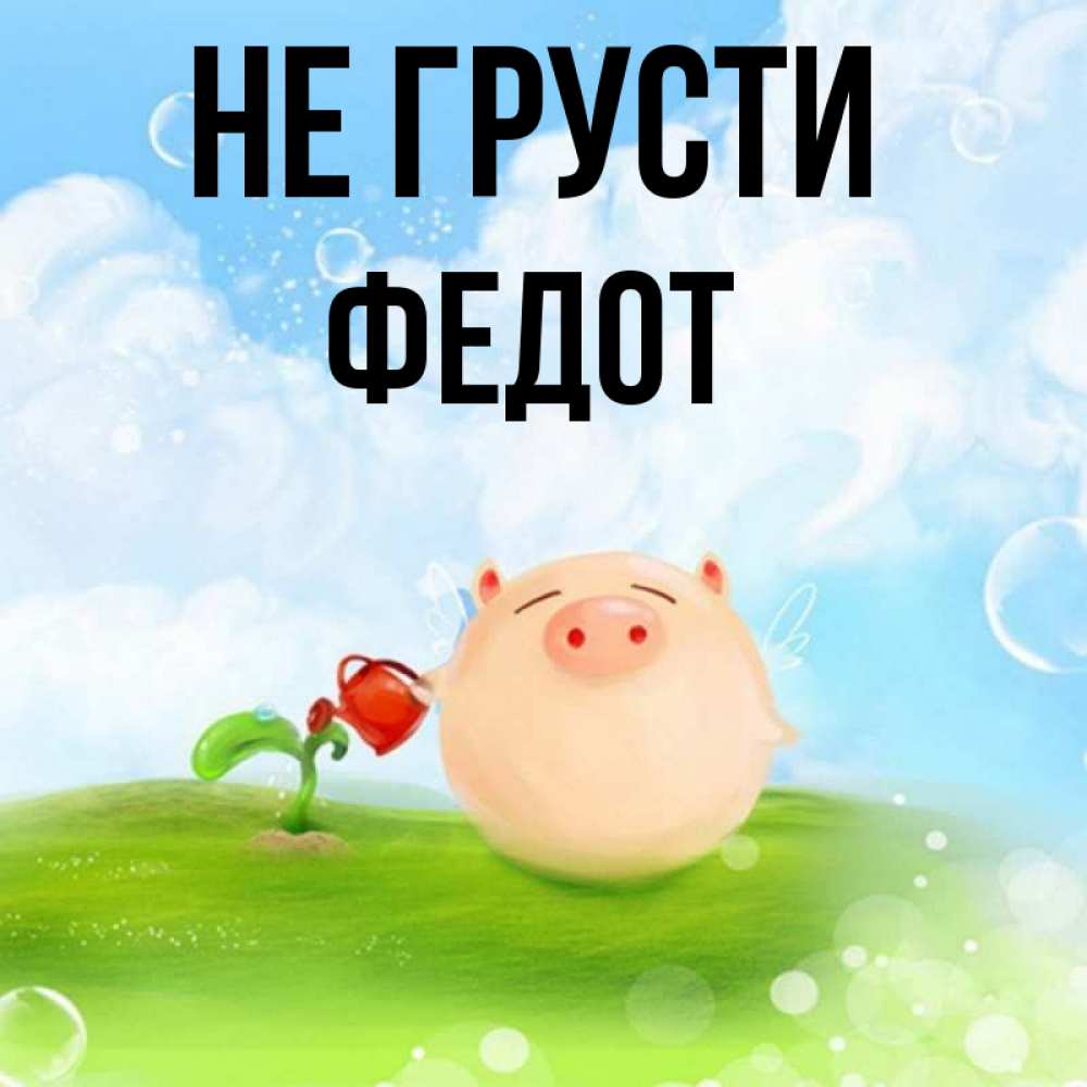 Открытка на каждый день с именем, Федот Не грусти поливает цветок порося Прикольная открытка с пожеланием онлайн скачать бесплатно 