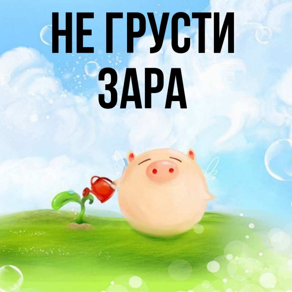 Открытка на каждый день с именем, Зара Не грусти поливает цветок порося Прикольная открытка с пожеланием онлайн скачать бесплатно 