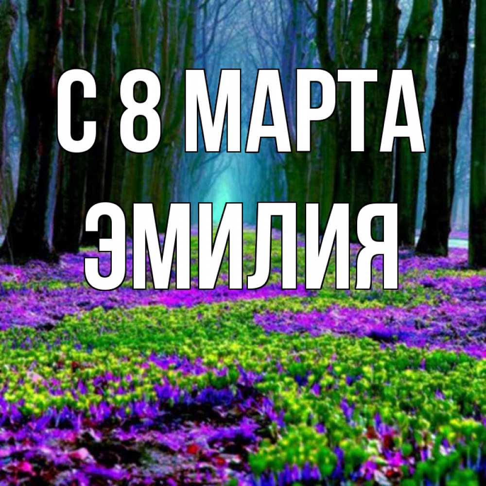 Открытка на каждый день с именем, Эмилия С 8 МАРТА фиолетовые цветы в лесу 1 Прикольная открытка с пожеланием онлайн скачать бесплатно 