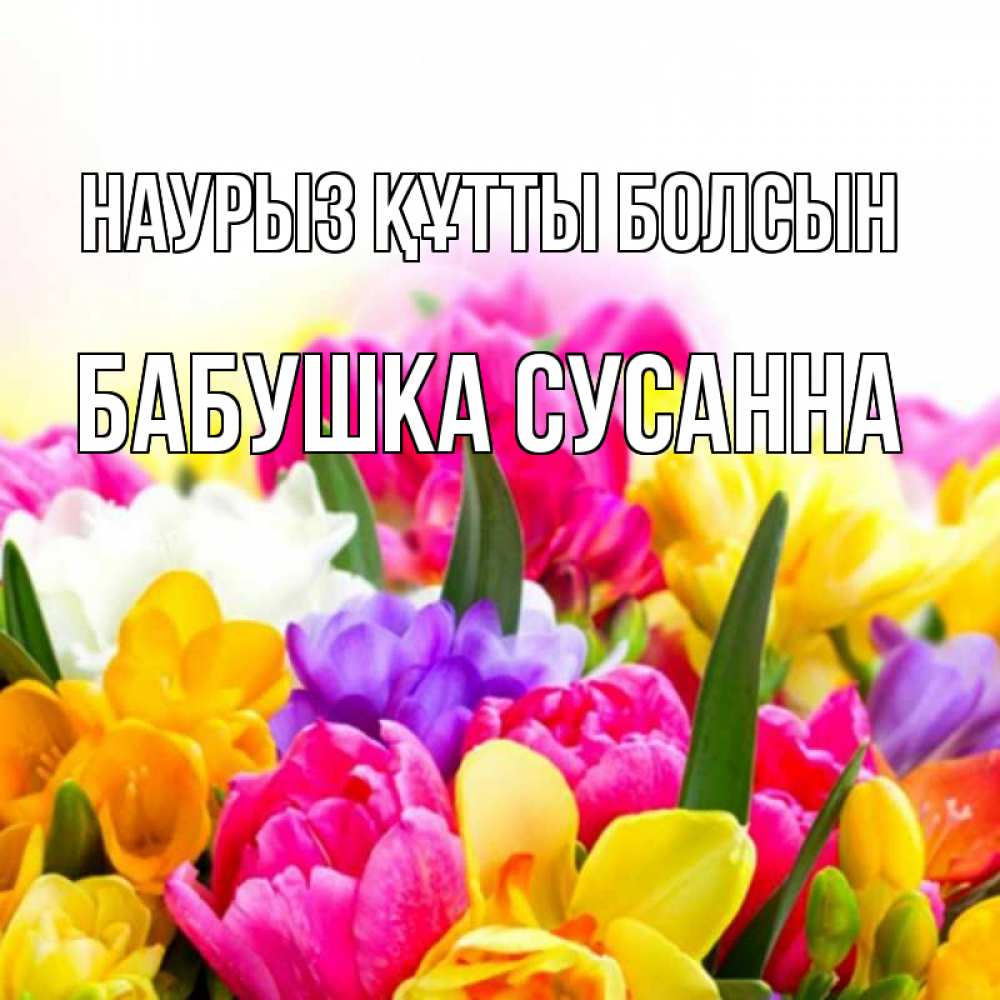 Открытка на каждый день с именем, Бабушка-Сусанна Наурыз құтты болсын тюльпаны Прикольная открытка с пожеланием онлайн скачать бесплатно 