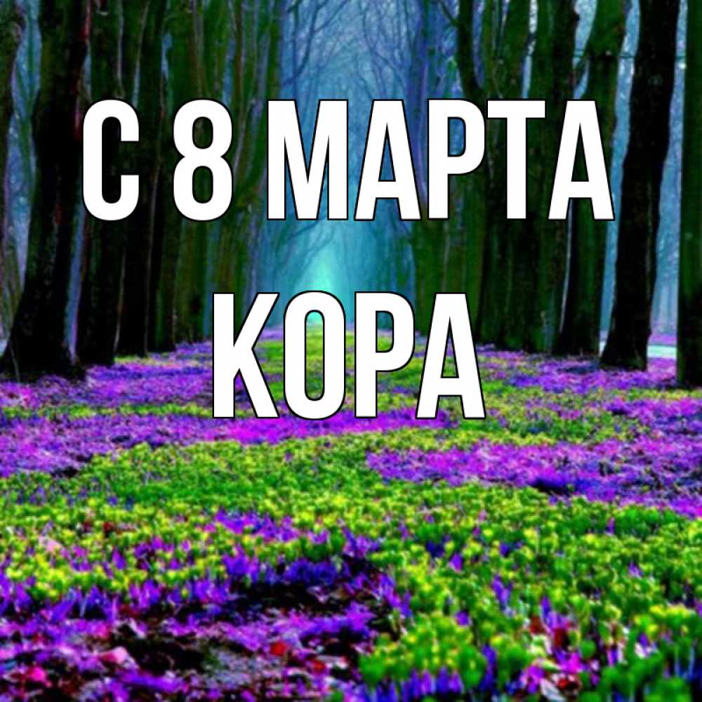 Открытка на каждый день с именем, Кора С 8 МАРТА фиолетовые цветы в лесу 1 Прикольная открытка с пожеланием онлайн скачать бесплатно 
