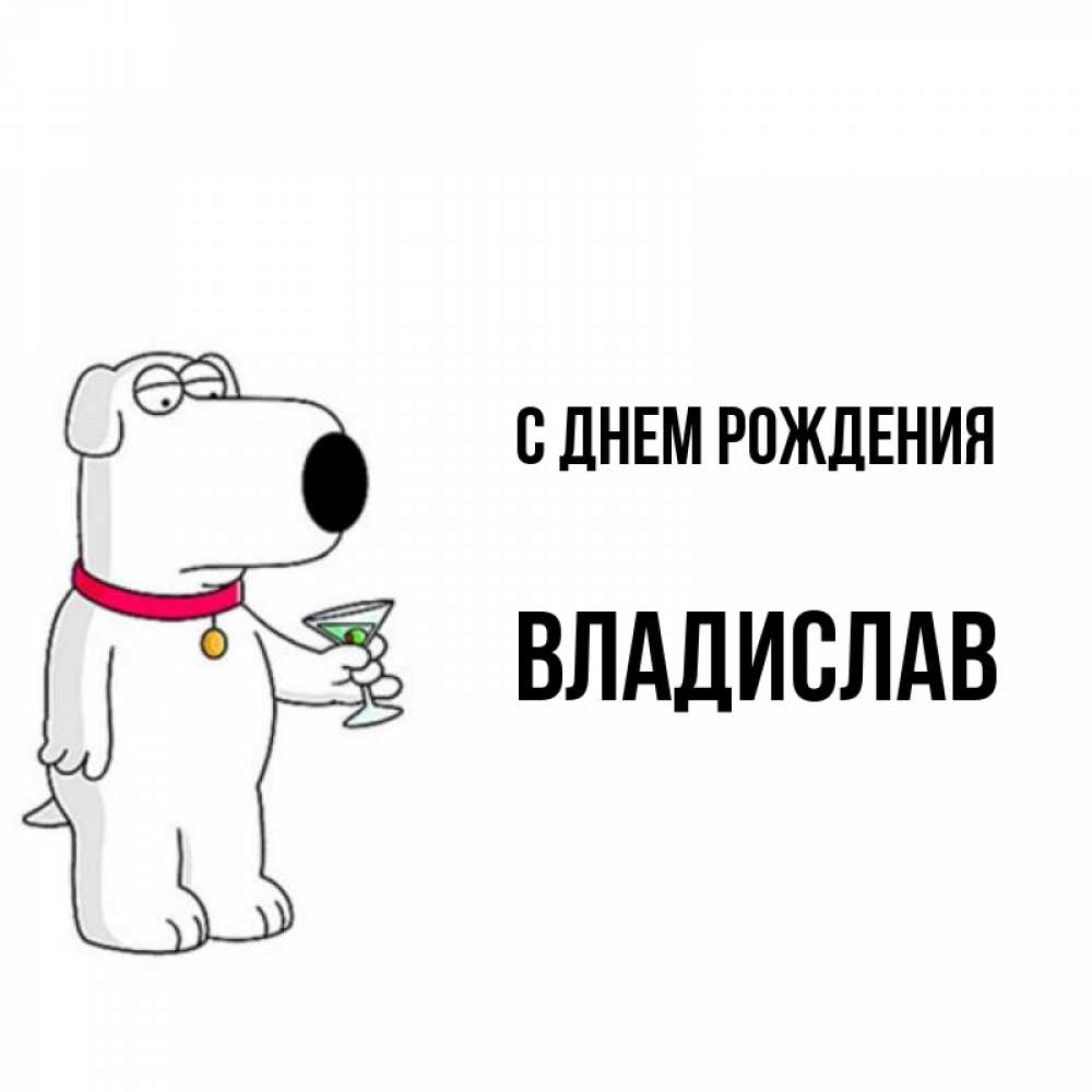 Открытка на каждый день с именем, Владислав С днем рождения песик с оливками Прикольная открытка с пожеланием онлайн скачать бесплатно 