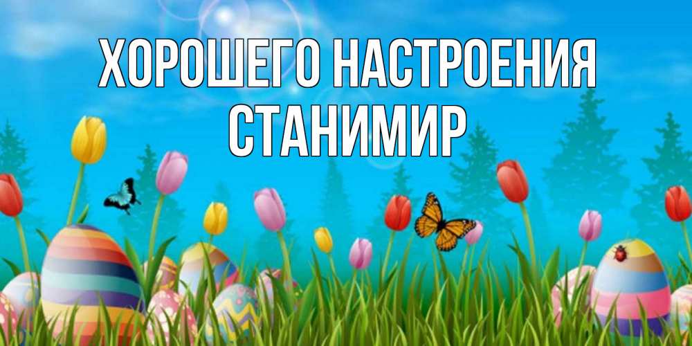 Открытка на каждый день с именем, Станимир Хорошего настроения небо и тюльпаны с бабочкой Прикольная открытка с пожеланием онлайн скачать бесплатно 