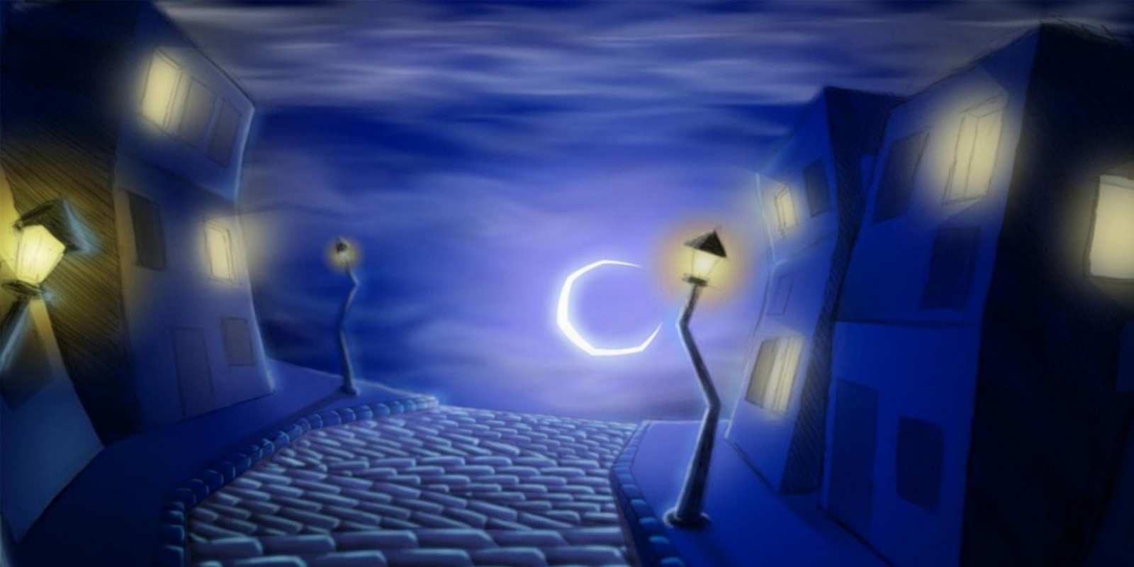 Открытка ночной город фонари луна и свет в окнах сладких снов ночному городу Спокойной ночи 