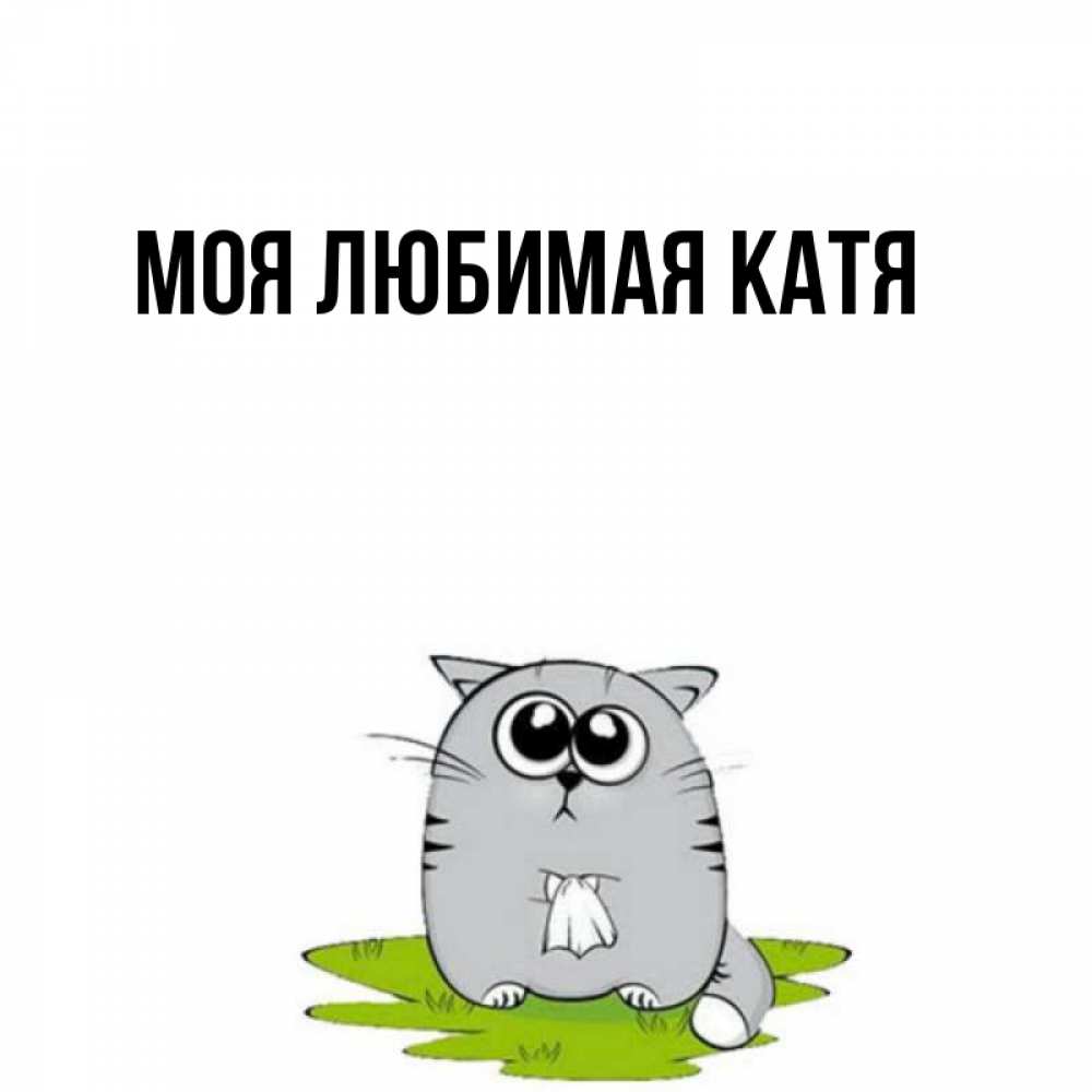 Открытка на каждый день с именем, Моя-любимая-Катя Главная котик теребит платочек сидя на травке Прикольная открытка с пожеланием онлайн скачать бесплатно 