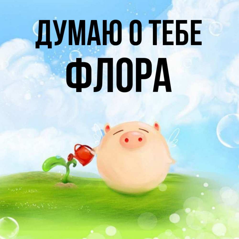 Открытка на каждый день с именем, Флора Думаю о тебе позитивная свинюшка Прикольная открытка с пожеланием онлайн скачать бесплатно 