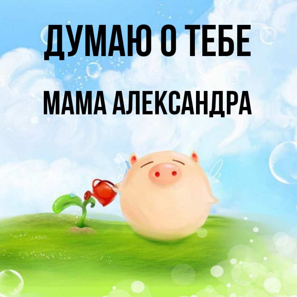 Открытка на каждый день с именем, Мама-Александра Думаю о тебе позитивная свинюшка Прикольная открытка с пожеланием онлайн скачать бесплатно 