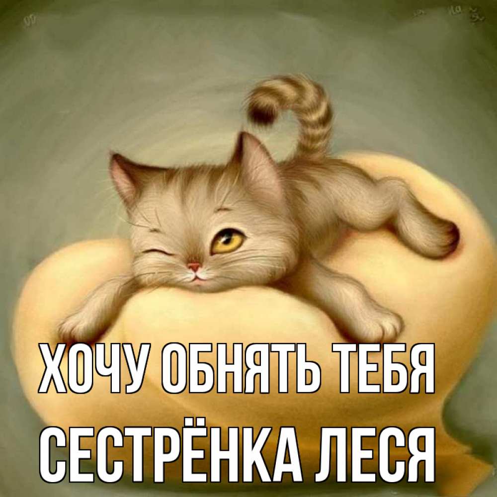 Открытка на каждый день с именем, Сестрёнка-Леся Хочу обнять тебя кошечка Прикольная открытка с пожеланием онлайн скачать бесплатно 