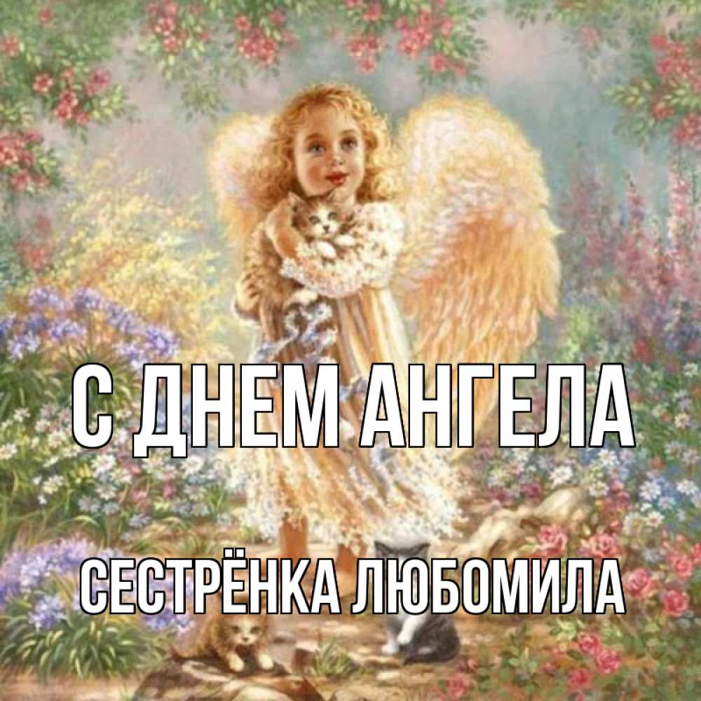 Открытка на каждый день с именем, Сестрёнка-Любомила С днем ангела держит котенка Прикольная открытка с пожеланием онлайн скачать бесплатно 