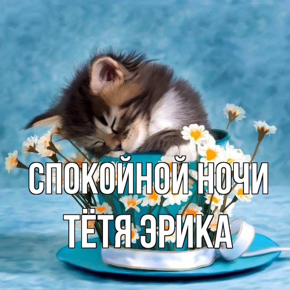 Открытка на каждый день с именем, Тётя-Эрика Спокойной ночи котенок спит в кружке с блюдцем Прикольная открытка с пожеланием онлайн скачать бесплатно 