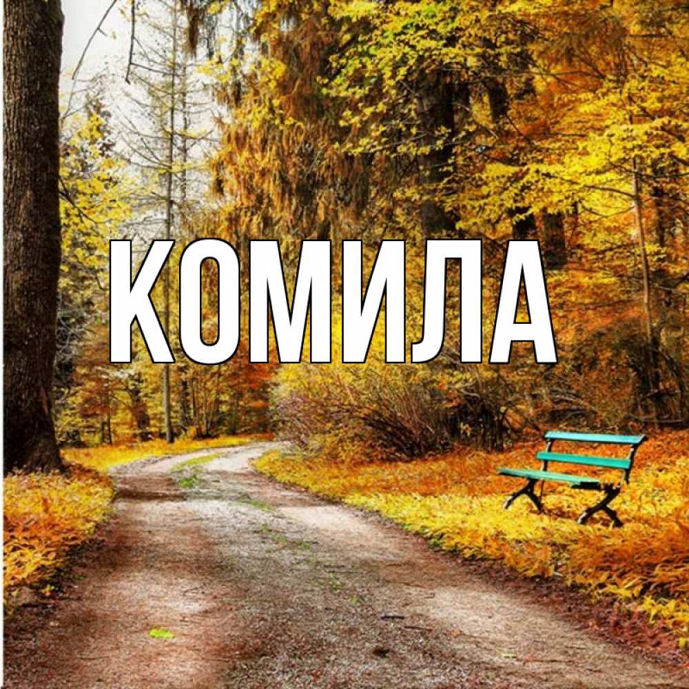 Открытка на каждый день с именем, Комила Главная зеленая лавочка и осенний лес Прикольная открытка с пожеланием онлайн скачать бесплатно 